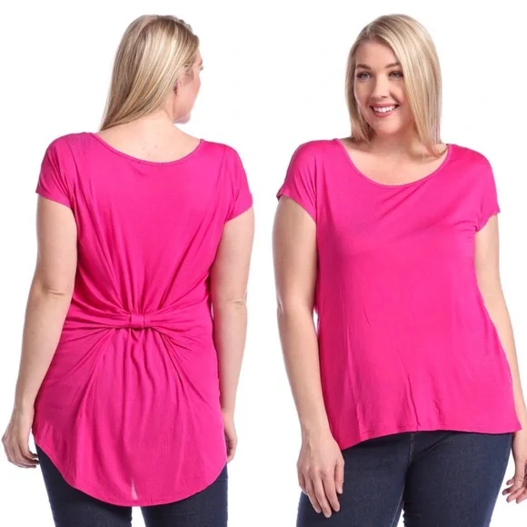 Twisted Knot Back High Low Hot Pink Short Sleeve Drapey Top - Picture 1 of 3